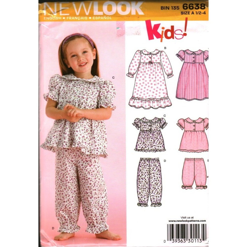 New Look 6638 Toddlers Sleepwear Sewing Pattern Nightgown Pajamas Size 1/2-3